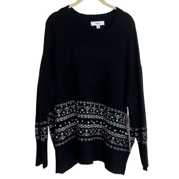 CeCe Womens Fair Isle Embellished Sweater 2X Black White Beaded Rhinestone - Picture 1 of 8